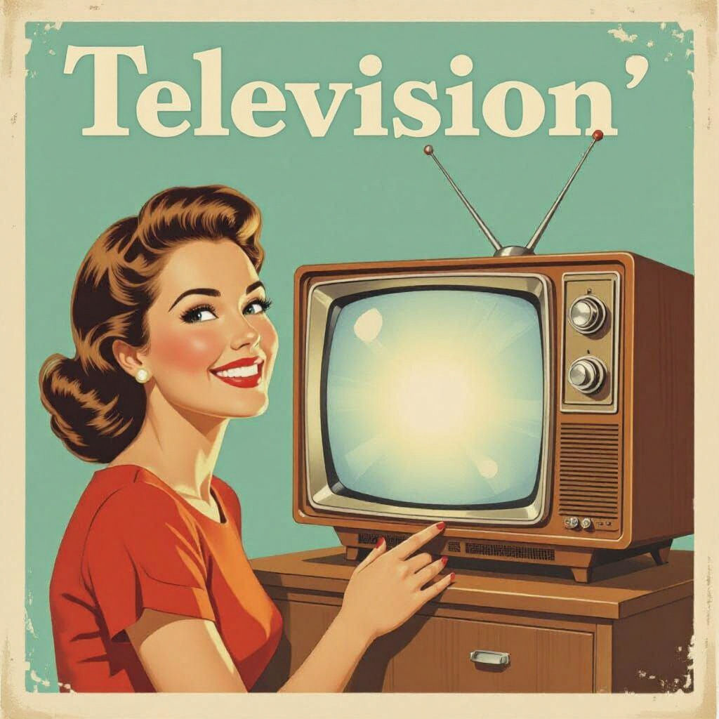 Plakatwerbung im Stil der 60er Jahre für einen Fernseher. Eine Frau lächelt aus dem Plakat und freut ...  by @undefined