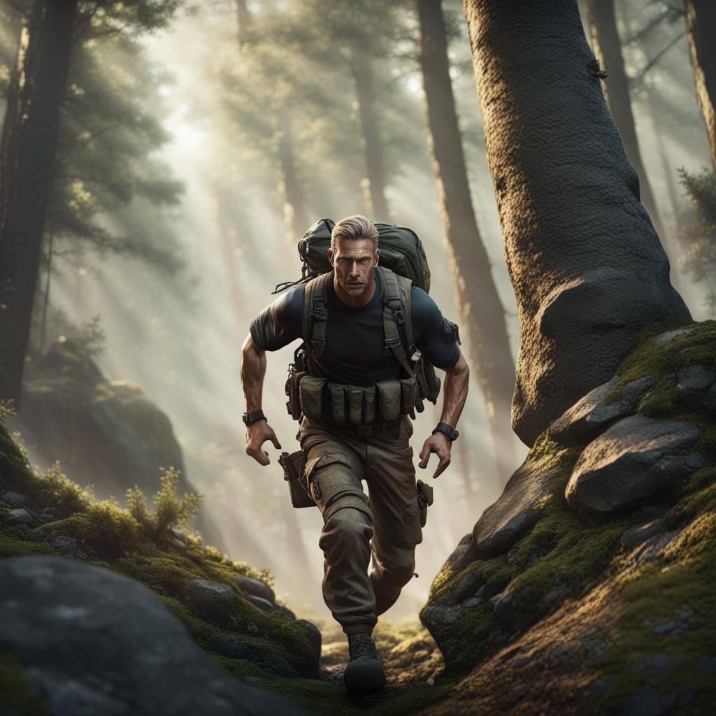 Tactical civilian on the run through the forest climbing up ...
