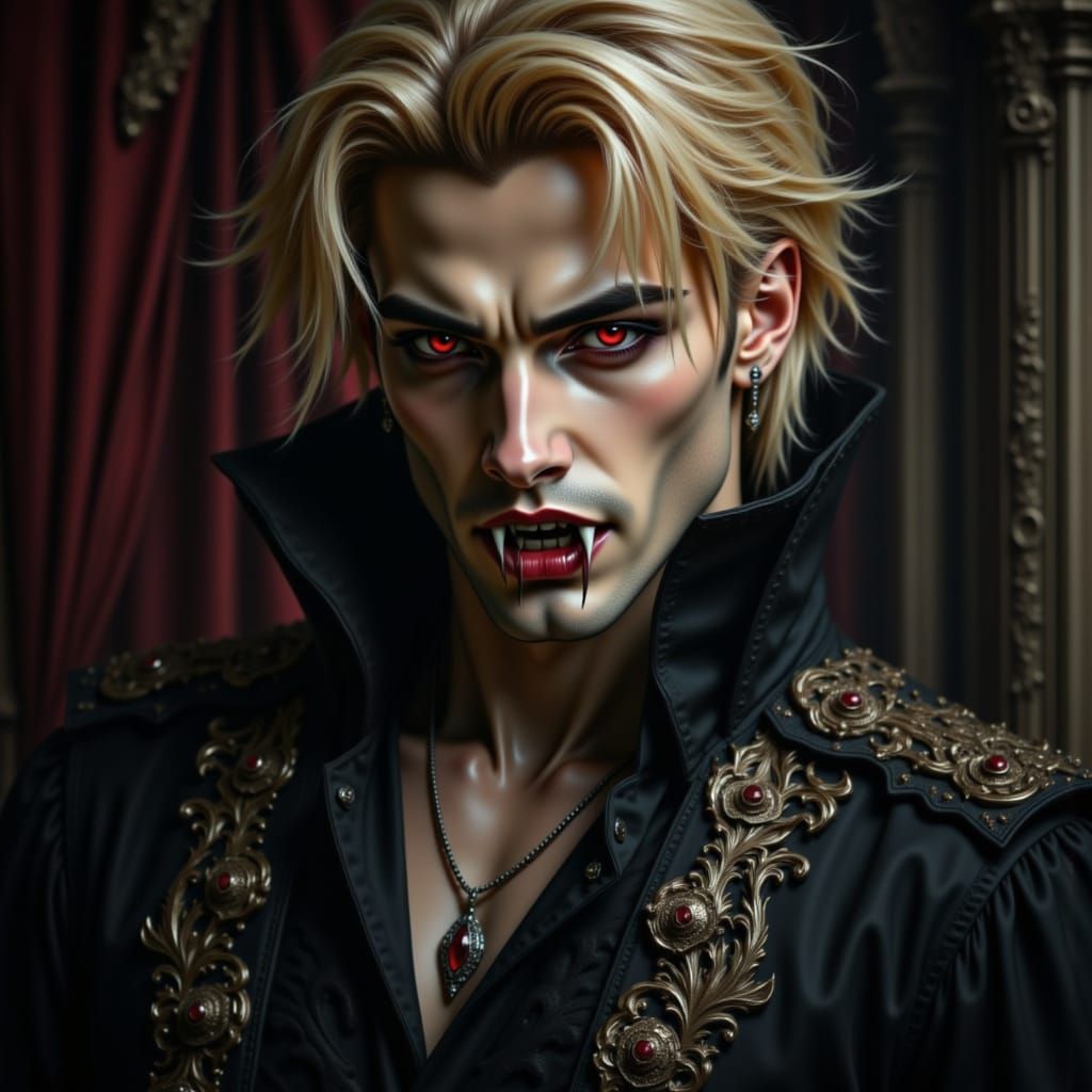 A handsome morose blonde vampire man with fangs. He wears a medieval outfit. Vampire in the style of fangs.  <lora:Elitest Vampires:1.0>