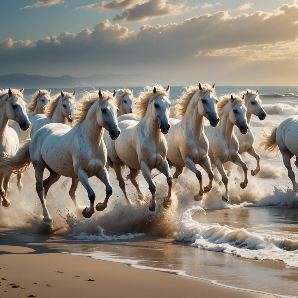 Dappled Horses Gallop on Sunlit Beach