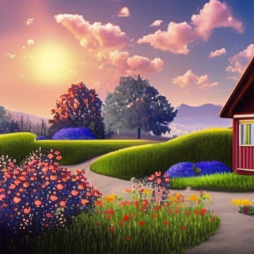Flowers In Yard, Mountains And Pretty Sky