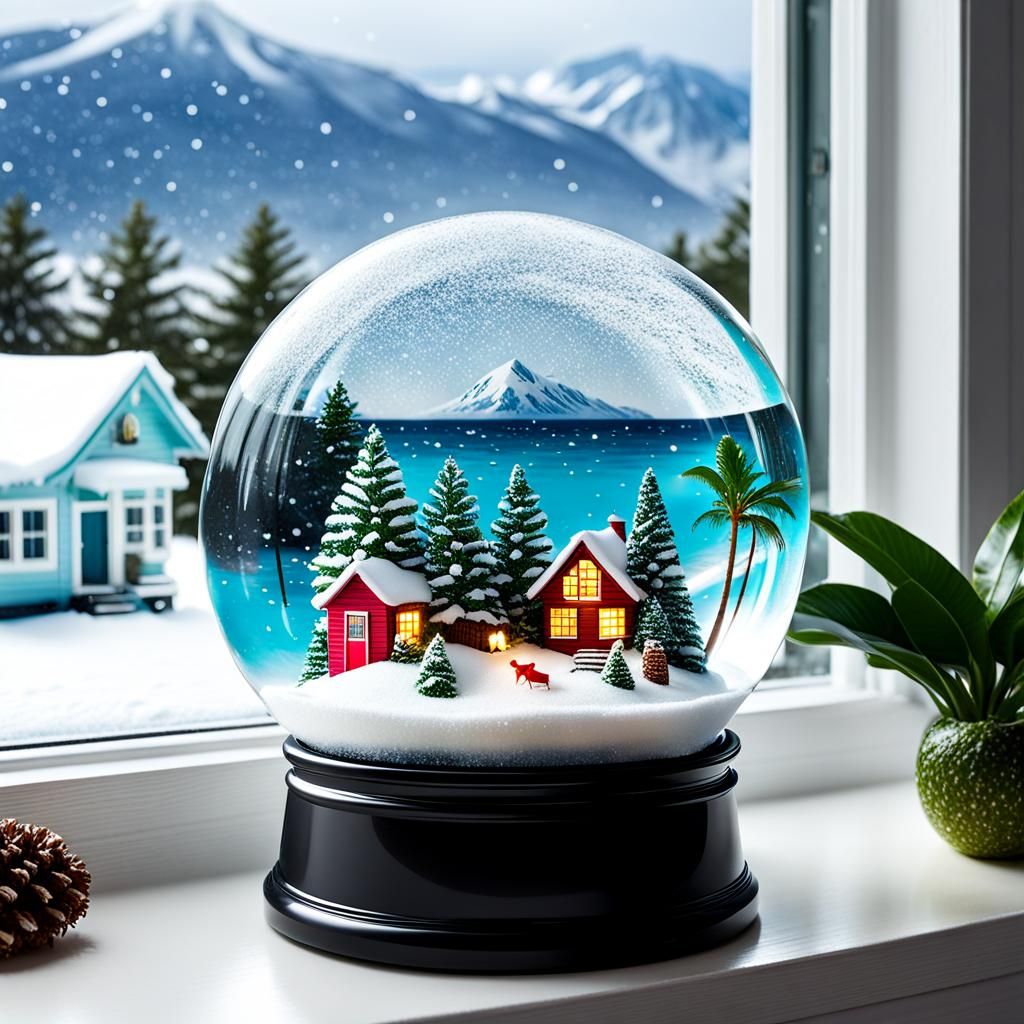 tropical beach in a snow globe  on a window sill showing win...