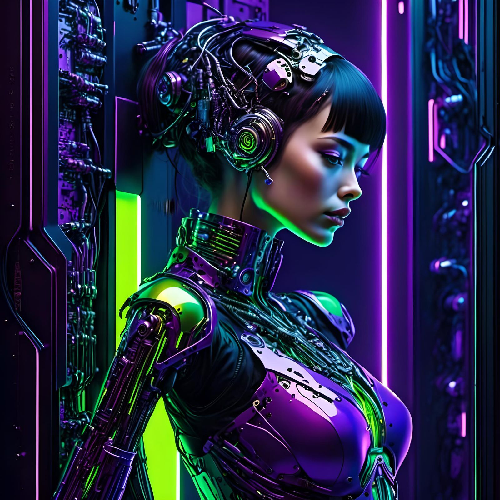 Cyborg Girl Smoking in Dark Retro Sci-Fi Style
