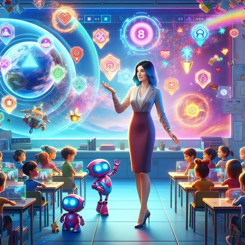 Create a vibrant Pixar-style image of a female white teacher...