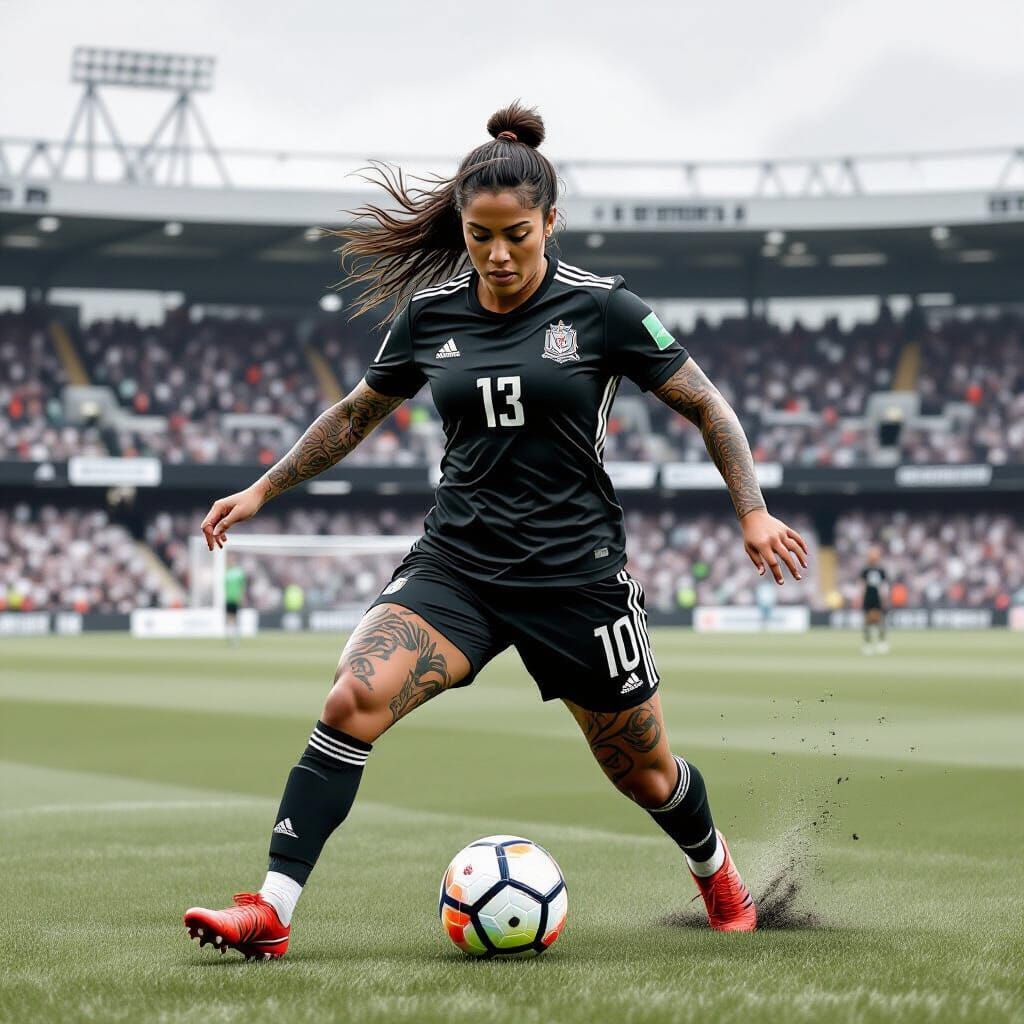  A TATTOOED BLACK MAORI FEMALE SOCCER STAR PLAYING SOCCER  FOR NEWCASTLE UNITED AT THE ST JAMES' PARK IN NEWCASTLE UPON TYNE, ENGLAND. 