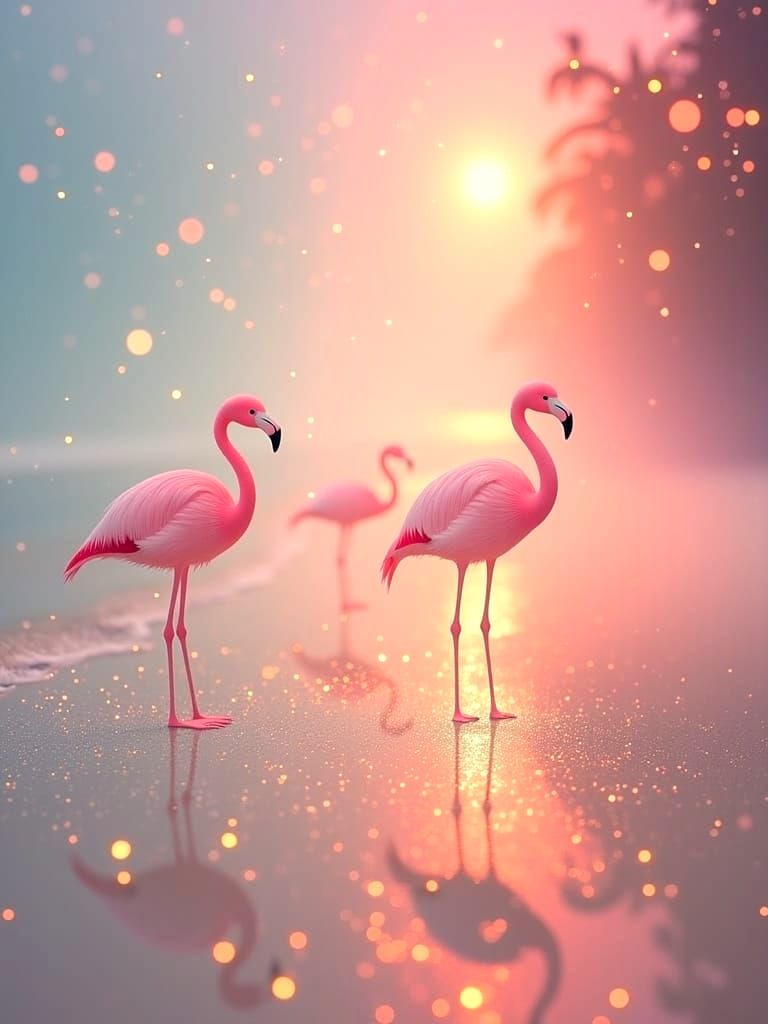 Dreamy Hazy Beach with Pink Flamingos in Ethereal Light