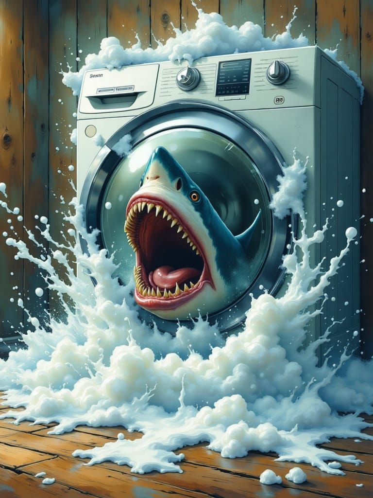 Shark Surges From Washing Machine in Surreal Art