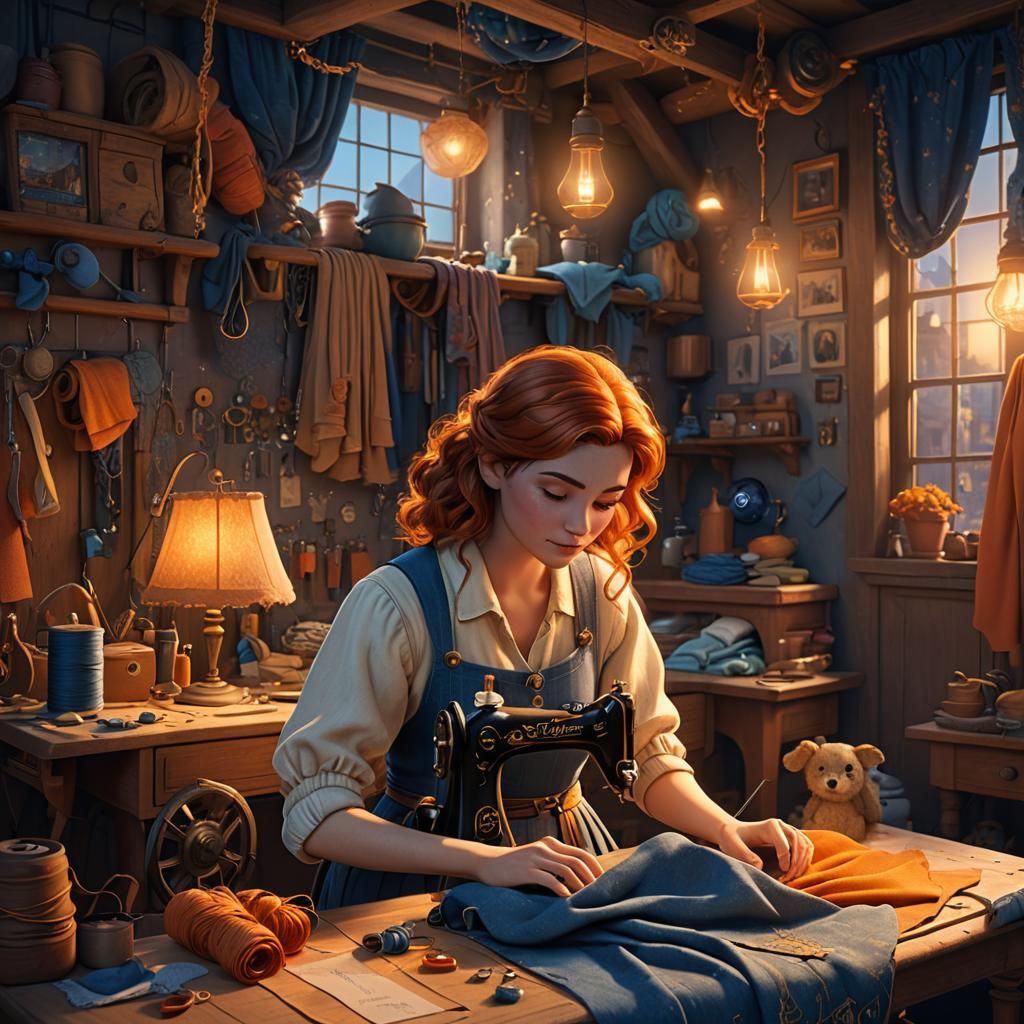 A disney pixar girl sewing clothes