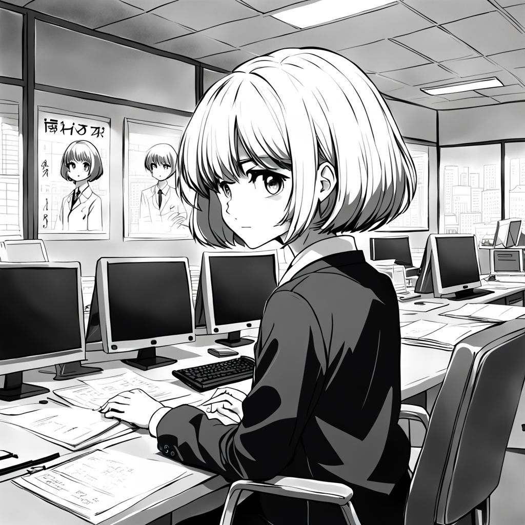 80s anime style, office lady with bob haircut, back and whit...