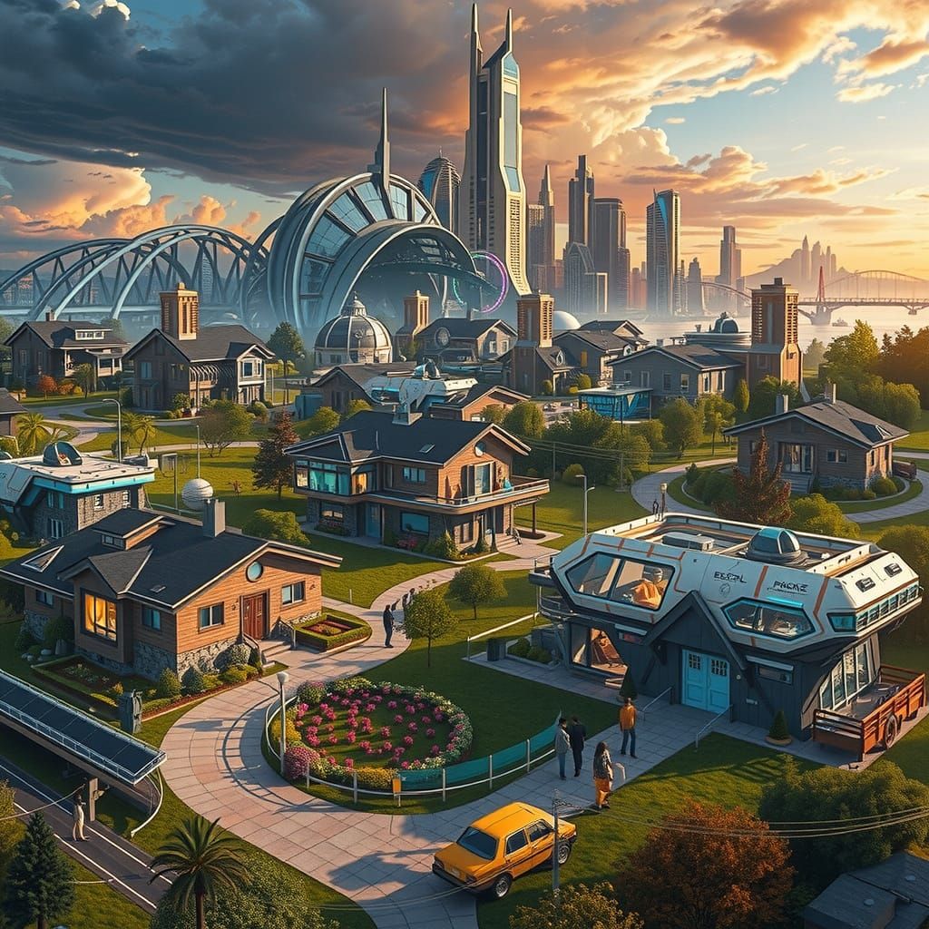 Futuristic neighborhood full of futuristic houses with a view of futuristic city in the background