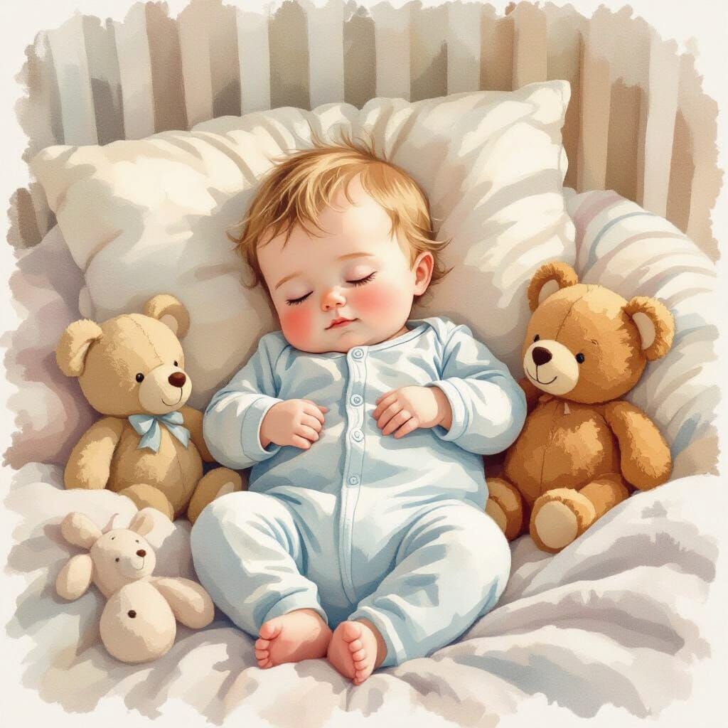 Baby Sleeping Peacefully in Nursery, Watercolor Style