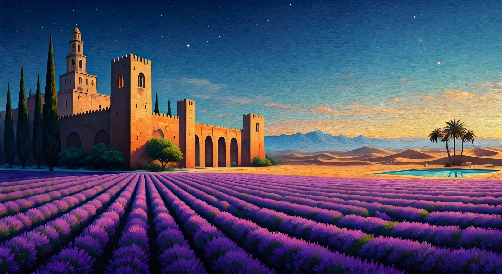 Surreal Oil Painting of Lavender Fields, Ancient City, and D...