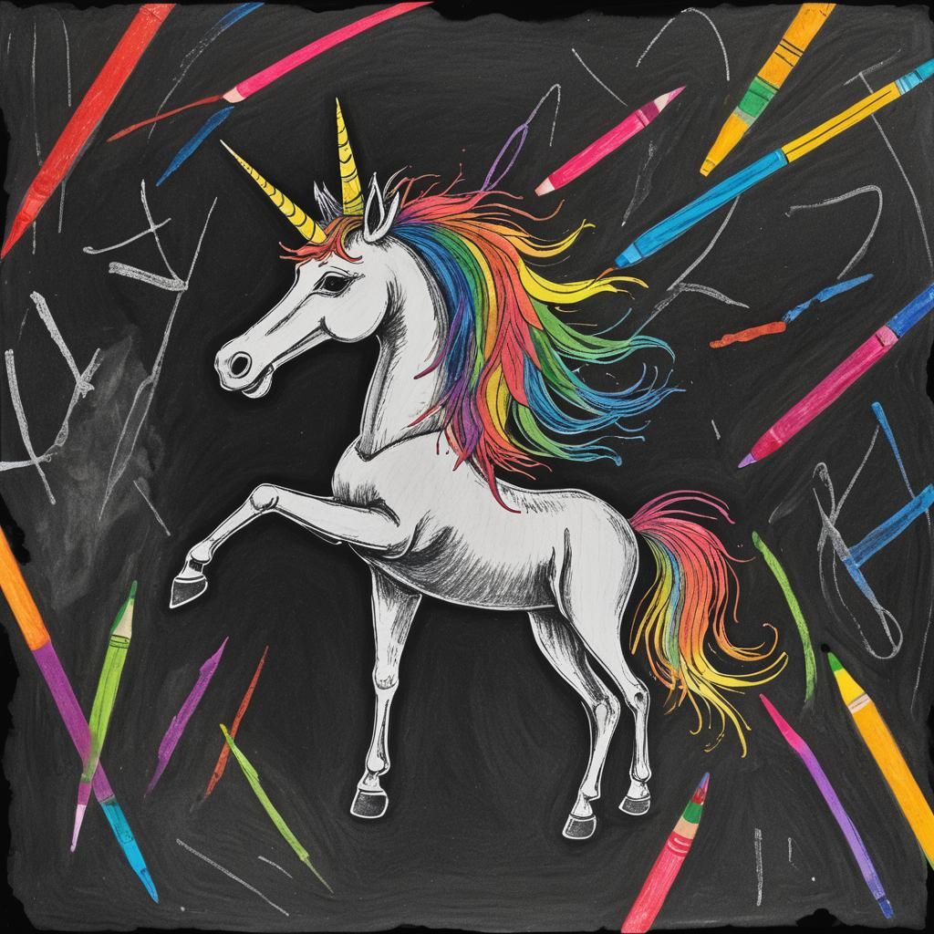 Kids Crayon drawings ,surreal  friendly unicorn , child's dr...