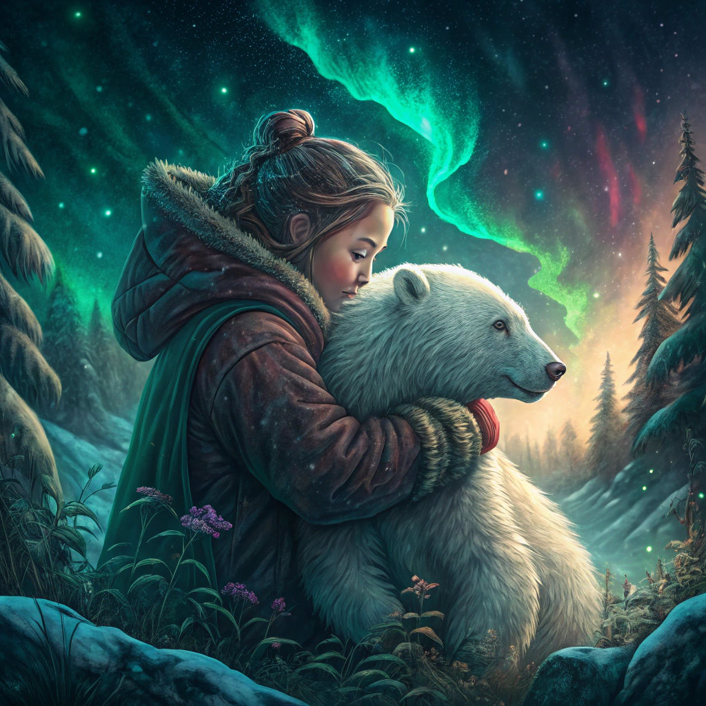 Woman and Bear Under Aurora Borealis: Matte Painting