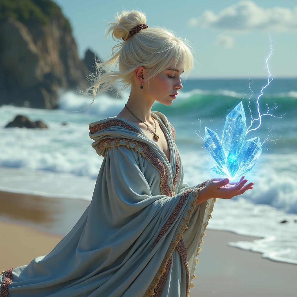 A beautiful very short halfling sorcerer woman in her twenties stands on a windy, sandy beach, her light blond hair swept by the gusts, bang...