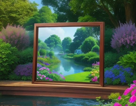 Teak wooden heart frame, with a picture perfect cottage and ...