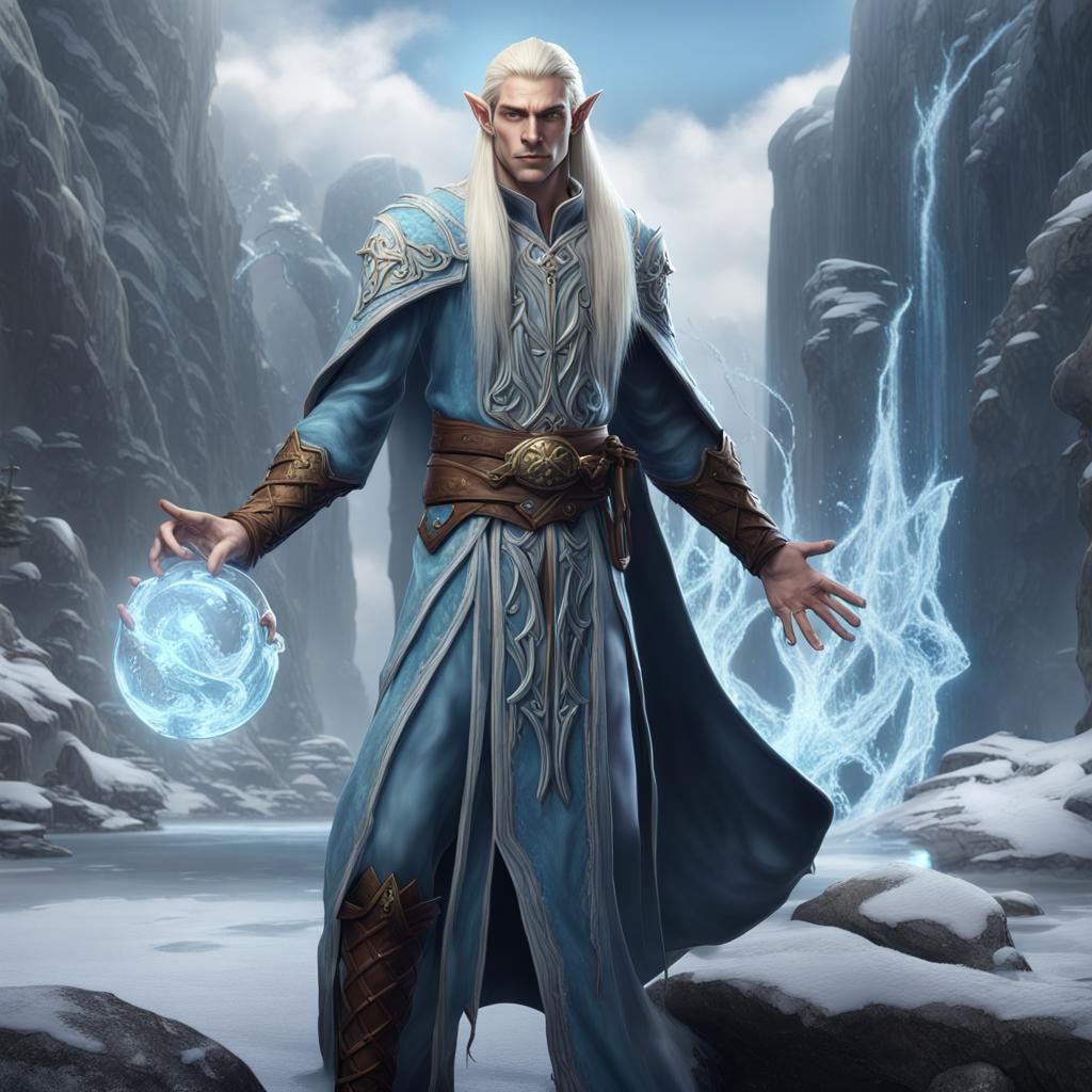 Male Elf Sorcerer, Ice Magic, Blonde Long Straight Hair - Ai Generated 