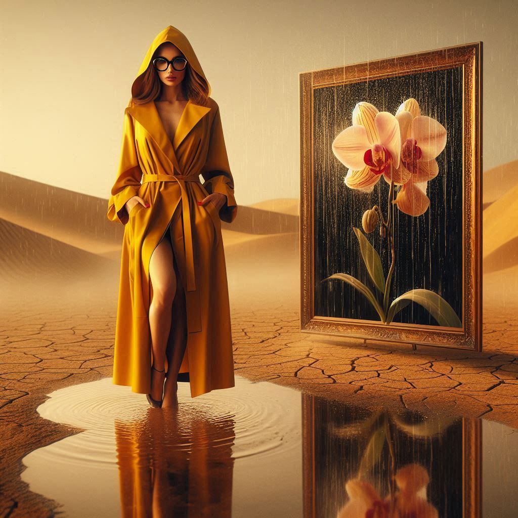 Woman in raincoat and orchid