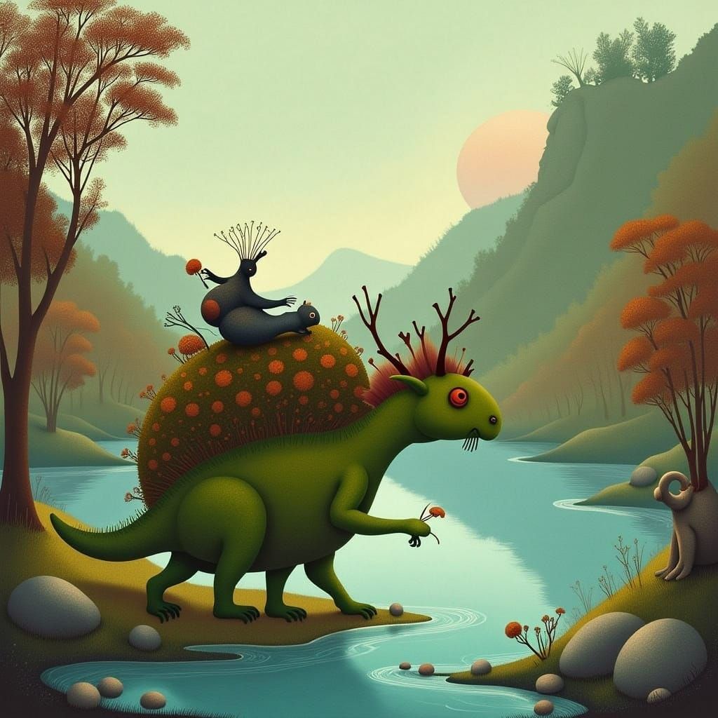 Whimsical creature, furry, large round eyes, vibrant colors, in a lush forest, reminiscent of Takashi Murakami's playful style, with the vib...