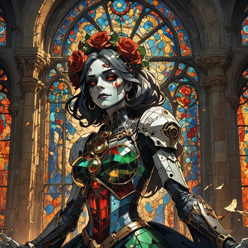 
Beautiful Halloween frankenstein woman in dilapidated cathedral 