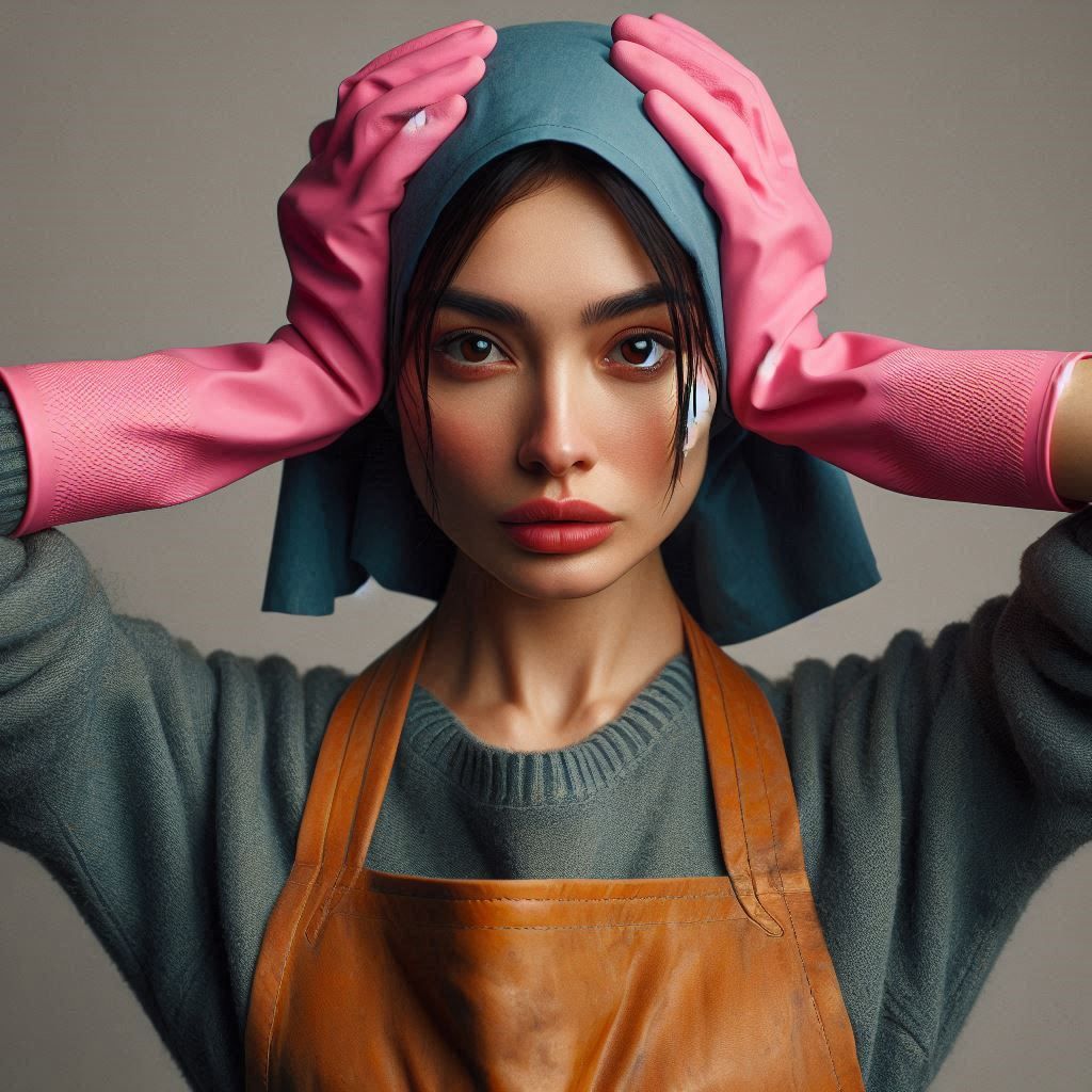 A petite woman in her 30ies cupping her head in her rubbergl...