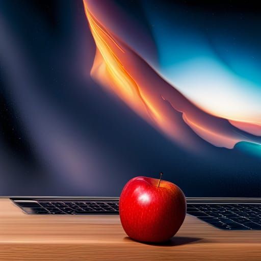 Apples in front of an apple mac book ; Hyperrealistic, splash art ...