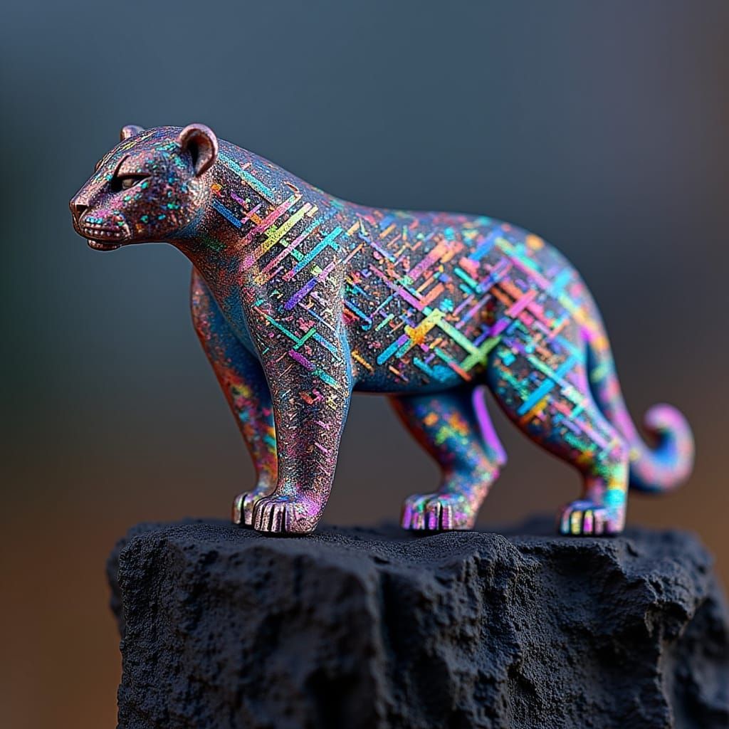 <lora:Sunstone Lattice:1.0> A jaguar on a cliff carved from rainbow lattice sunstone intricate details, HDR, beautifully shot, hyperrealisti...