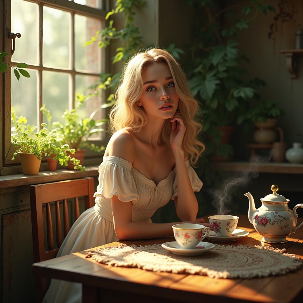 A beautiful girl sitting in the kitchen with tea and she is ...