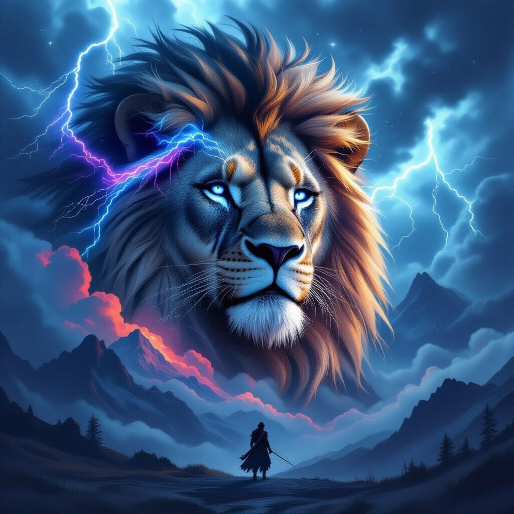 Lion Stormscape with Warrior Silhouette in Neon Noir