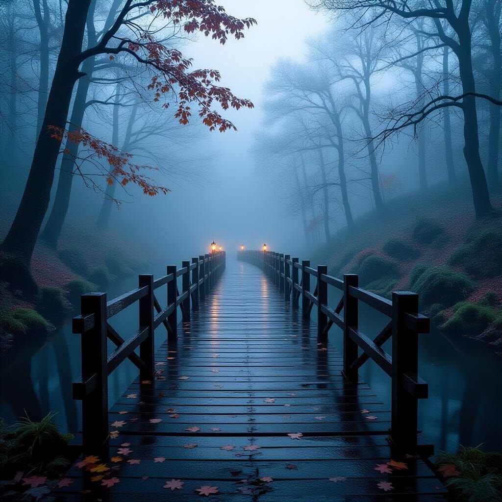 An ancient wooden bridge suspended over a quiet river, vanishing into dense silver fog — autumn leaves ...  by @Zibidot DarkOracle