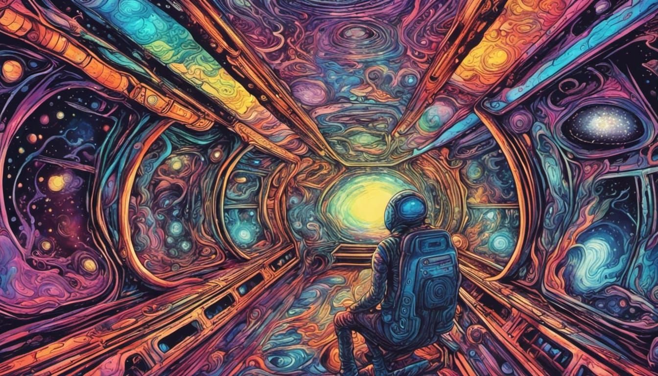 a psychedelic alien inside a psychedelic spaceship traveling...