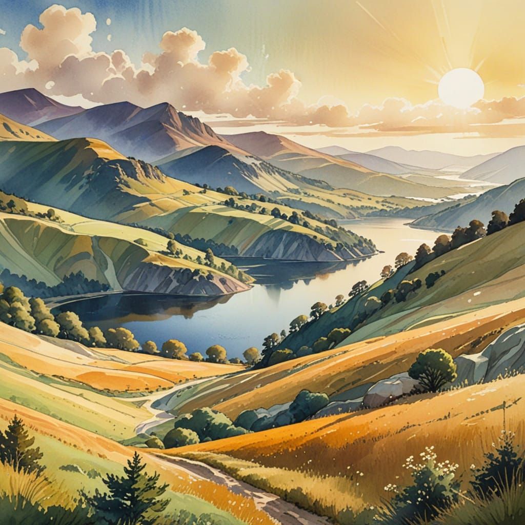 An Eric ravillious  landscape of rolling hills and lake filled valleys, bathed in golden late summer ...  by @Betty-Mae