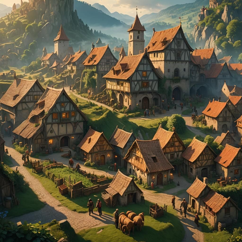 Scenic Medieval Village: Fantasy Matte Painting