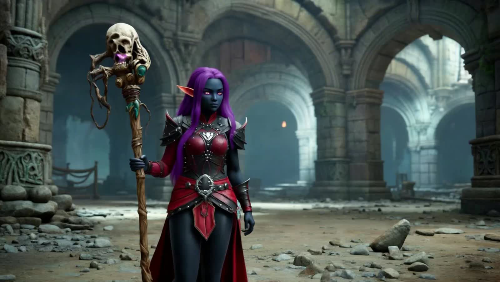 A purple hair, black skined and pink eyed drow maiden armed with a skull topped mace wairing a red and black leather arm...