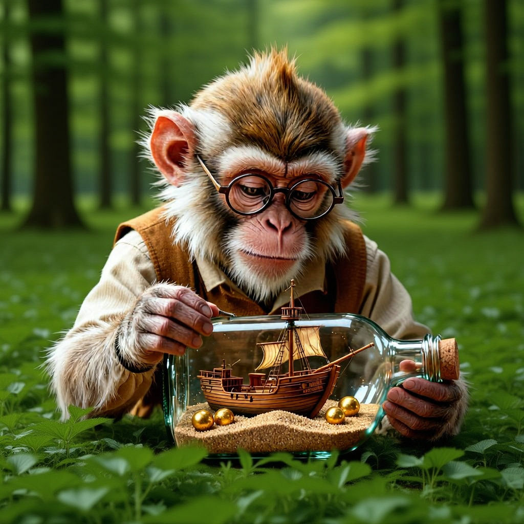 A wise monkey holding a  bottle and building  a miniature ship in  the bottle 