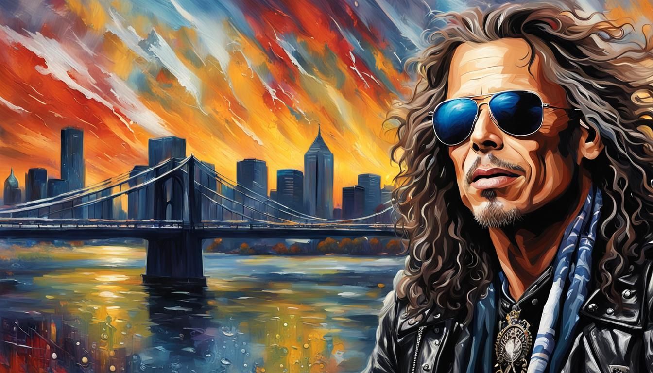 singer steven tyler, wearing leather varsity  jacket ,with p...