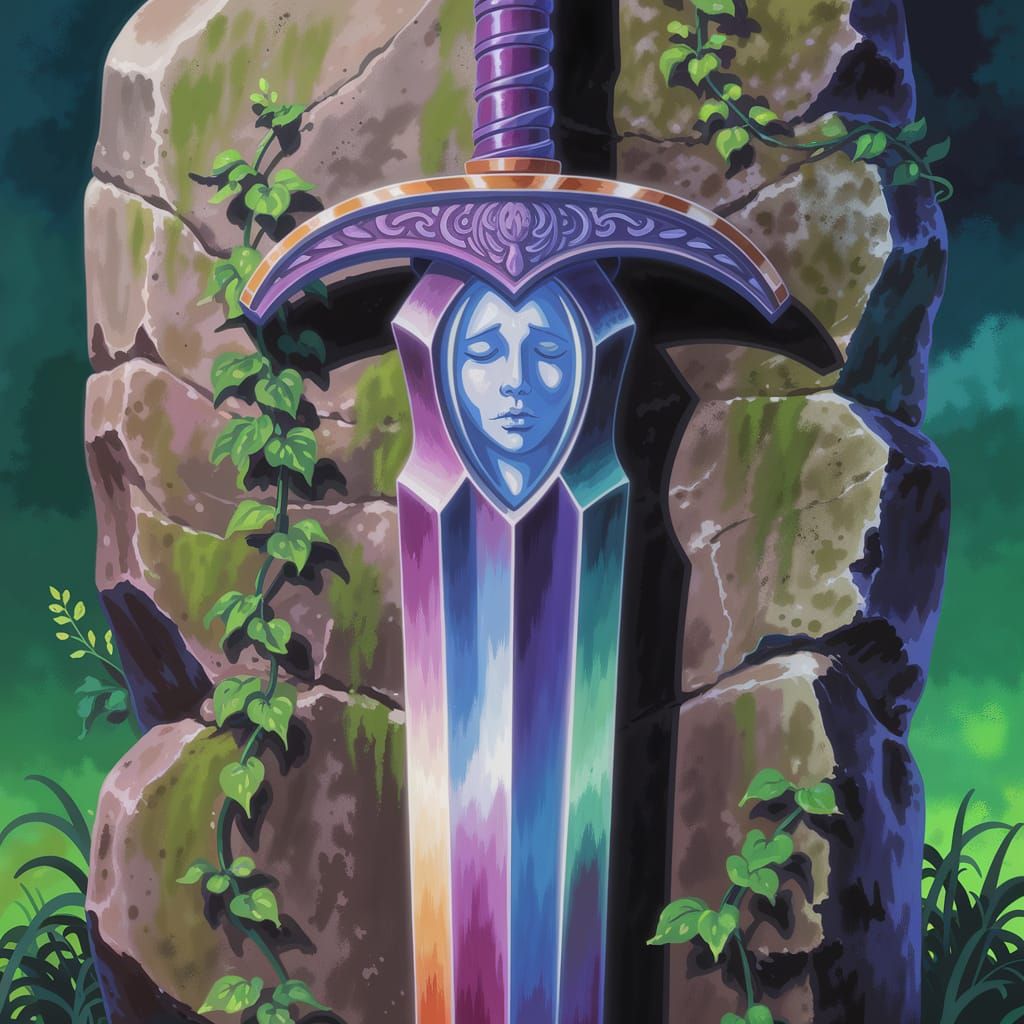 Close-up of An amazing majestic sword with a sleeping ghost woman face carved in the blade, is vertically planted in a rock, bathed in ether...