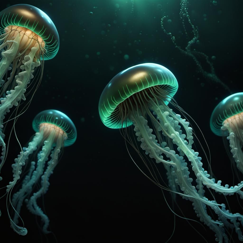 Green Jellyfishes on black background