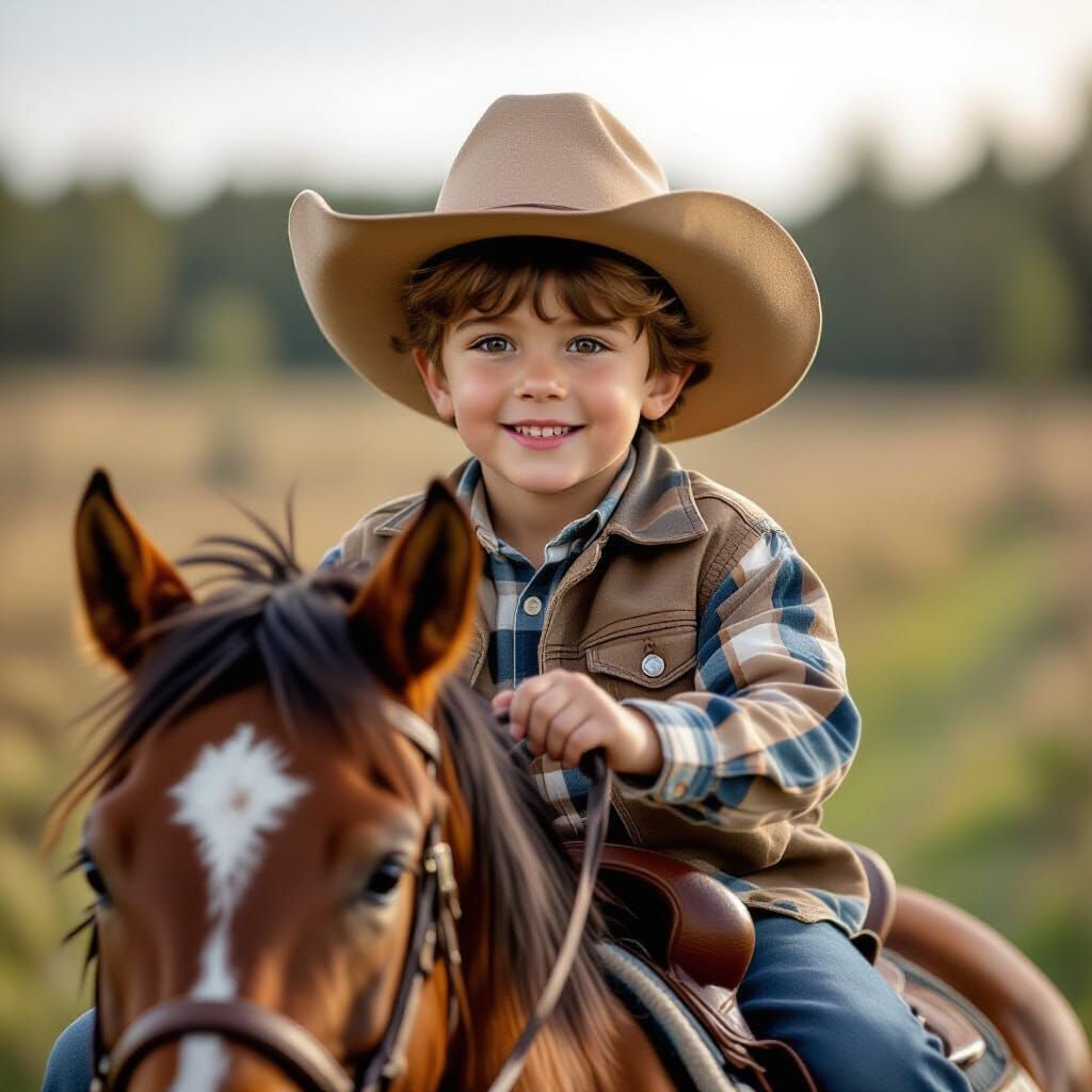 Boy Riding a Pony with Yellow Hair and Blue Eyes