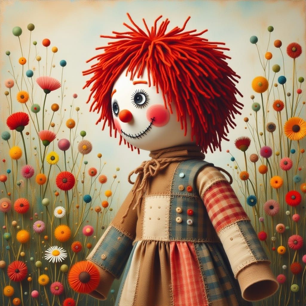 <lora:Ragdoll:1.0>long shot profile view of a male Raggedy Ann ragdoll made out of burlap and quilt pieces, roughly sewn patchwork, and red...