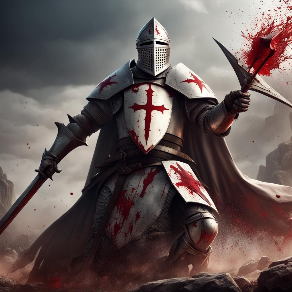 Knight templar using a helberd and blood around him