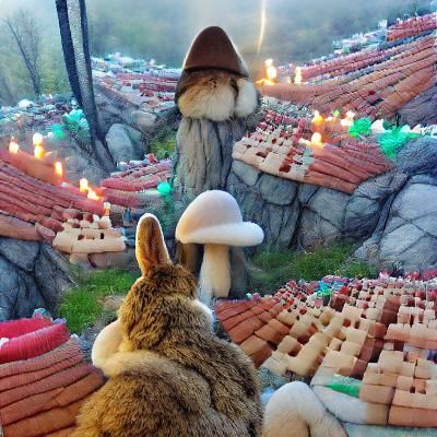 Bunny wizard looks out over his cozy mushroom village