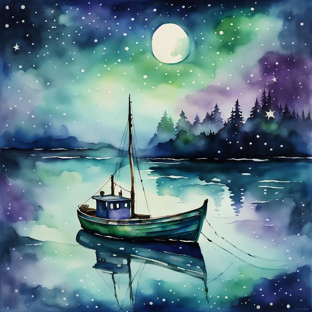 Mirror like sea, starlight, fishing boat sailing.