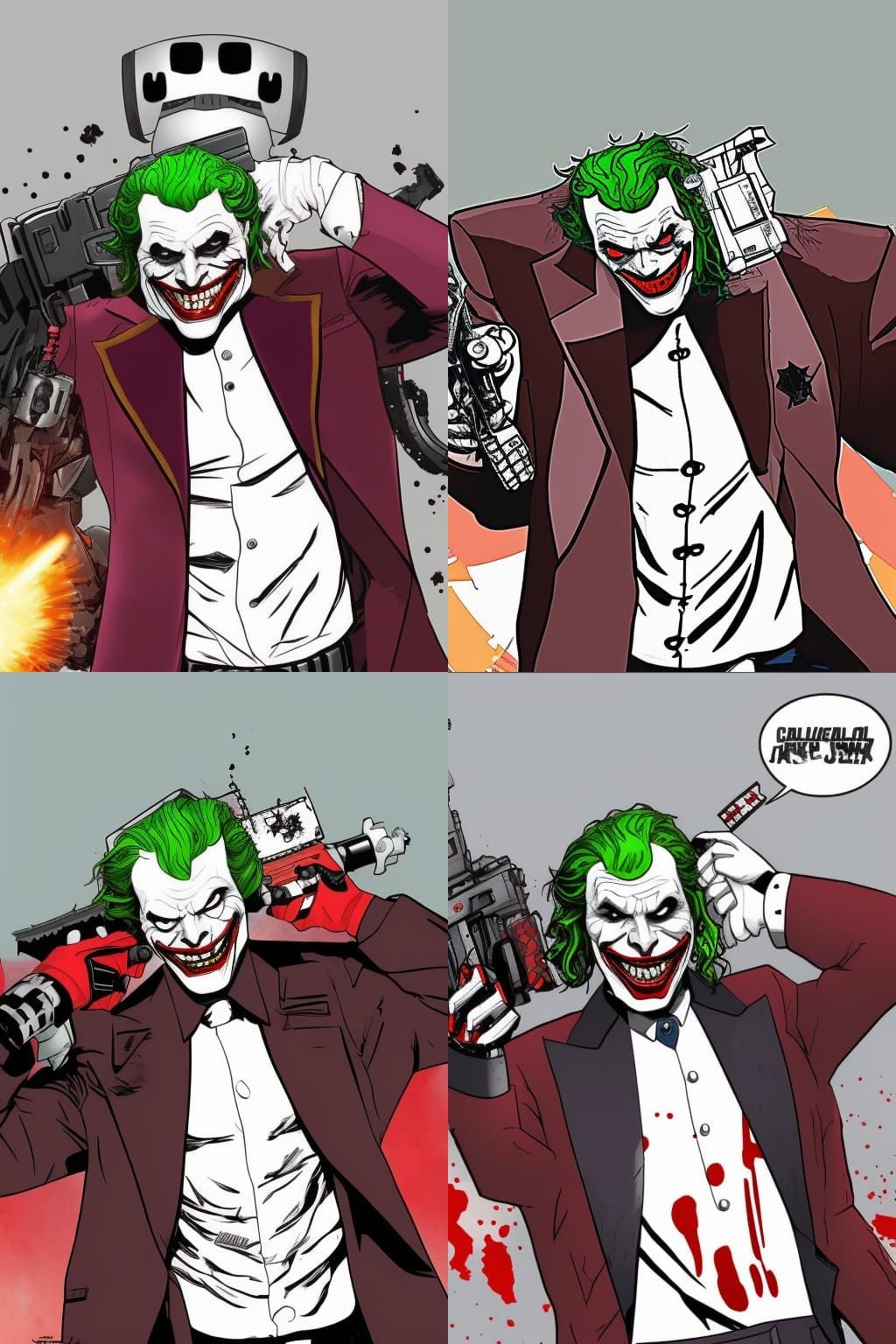 The Joker as an AI killer robot with big gunz and a chainsaw with a little American flag. Comicbook Realistic colourful