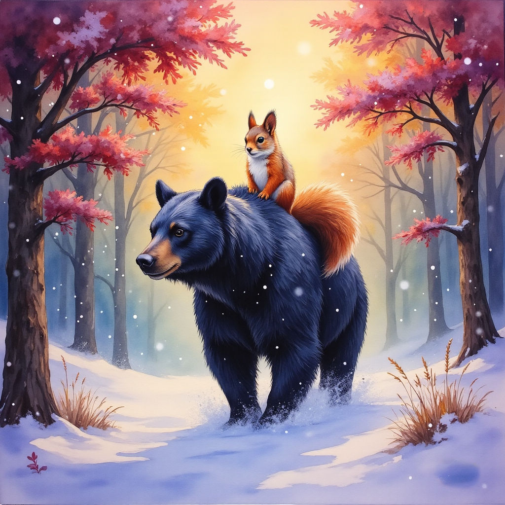 A Squirrel is riding on a Black Bear