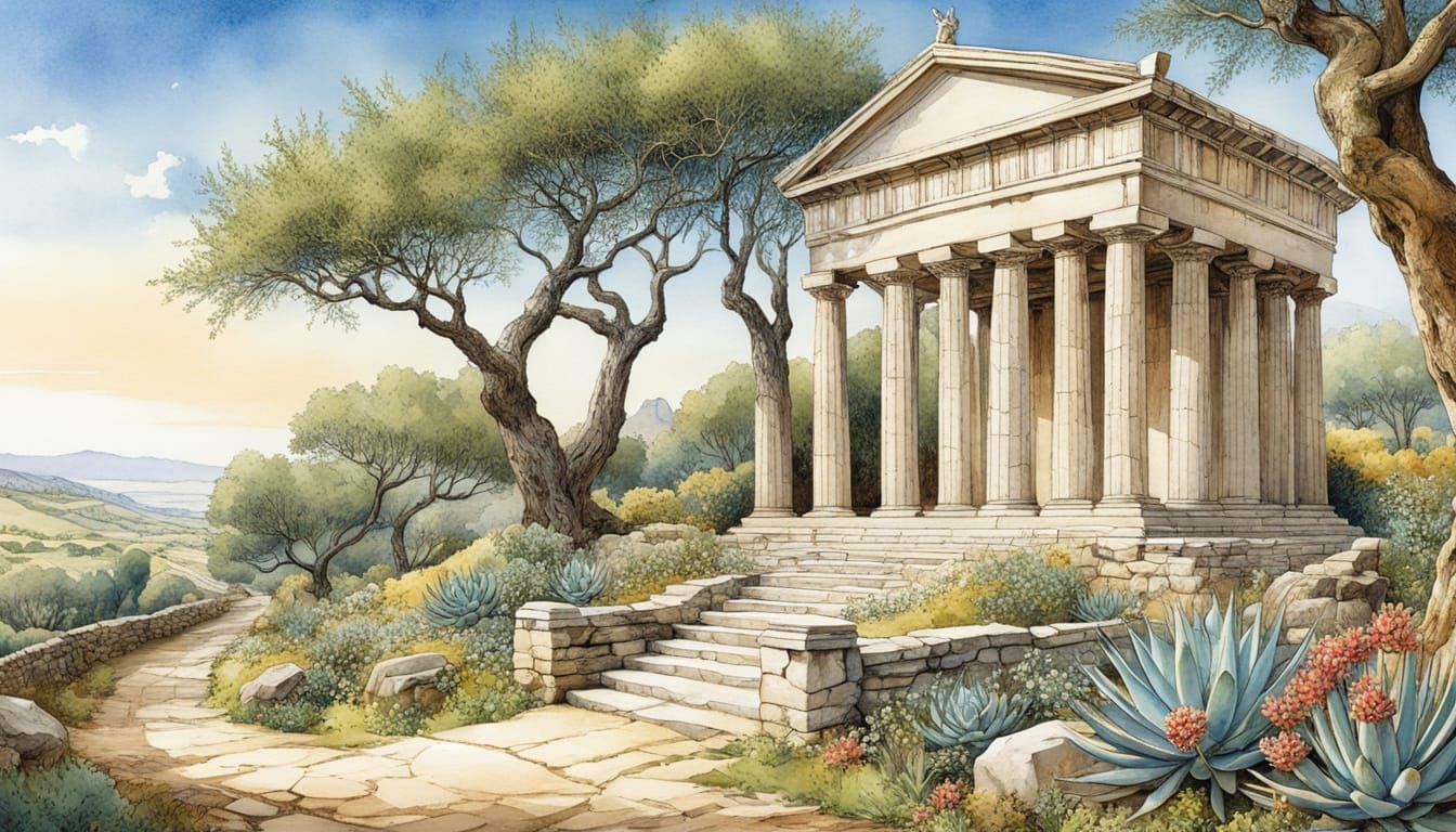 Greek Park with Ancient Temple in Storybook Style