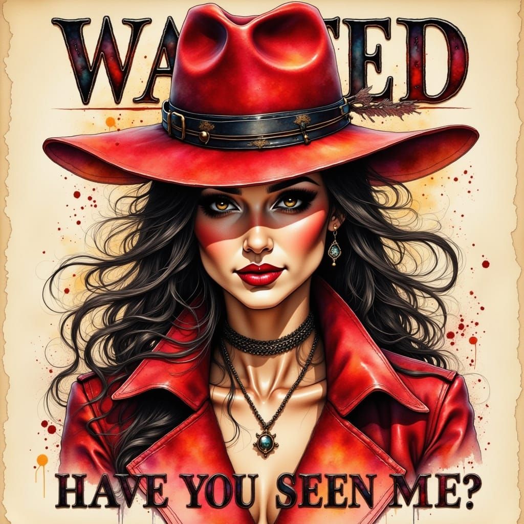 Hyper detailed ink and paint style image of Carmen San Diego with the red fedora pulled low the brim covering her eyes, full red Lips and a ...