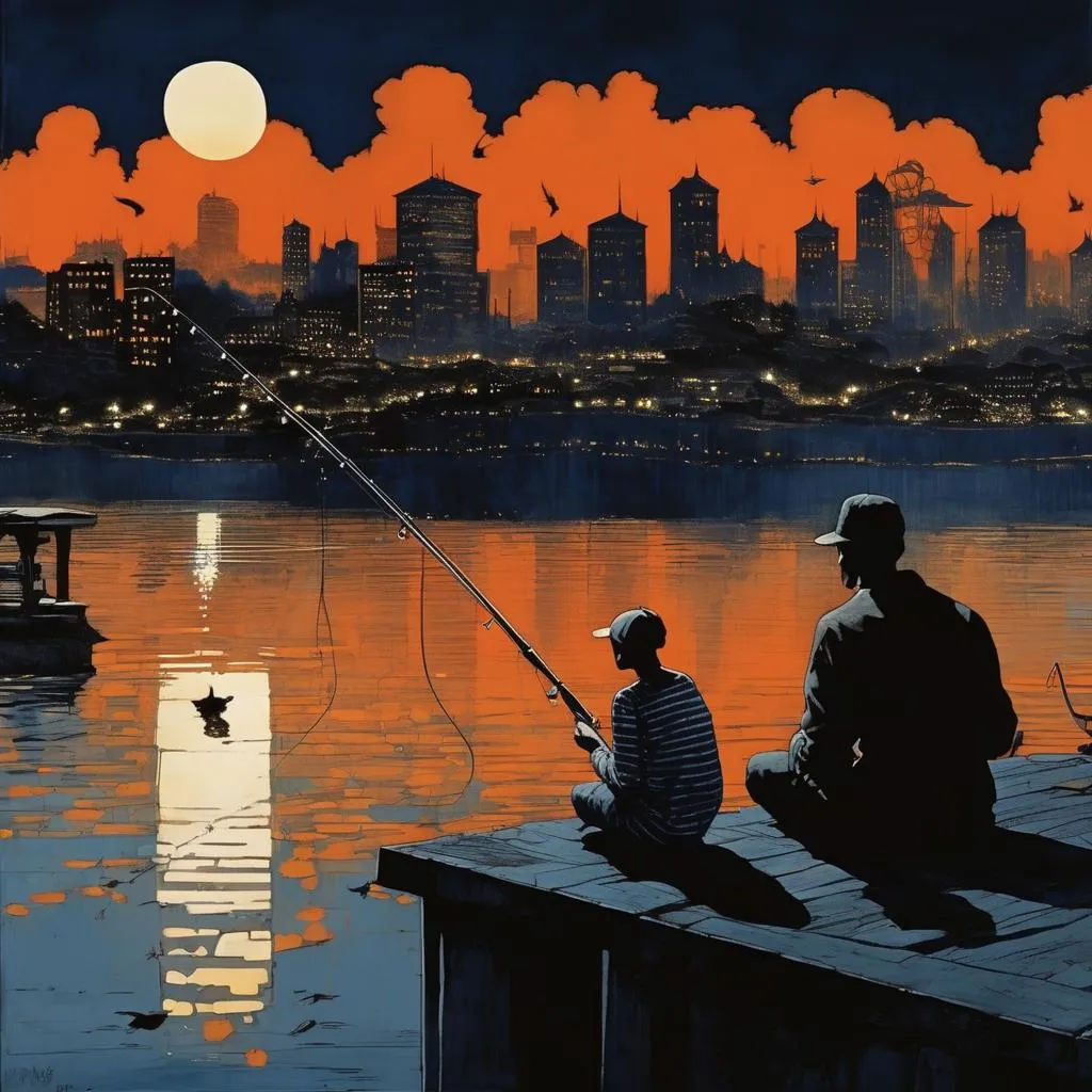 Fishing at night off a city pier.