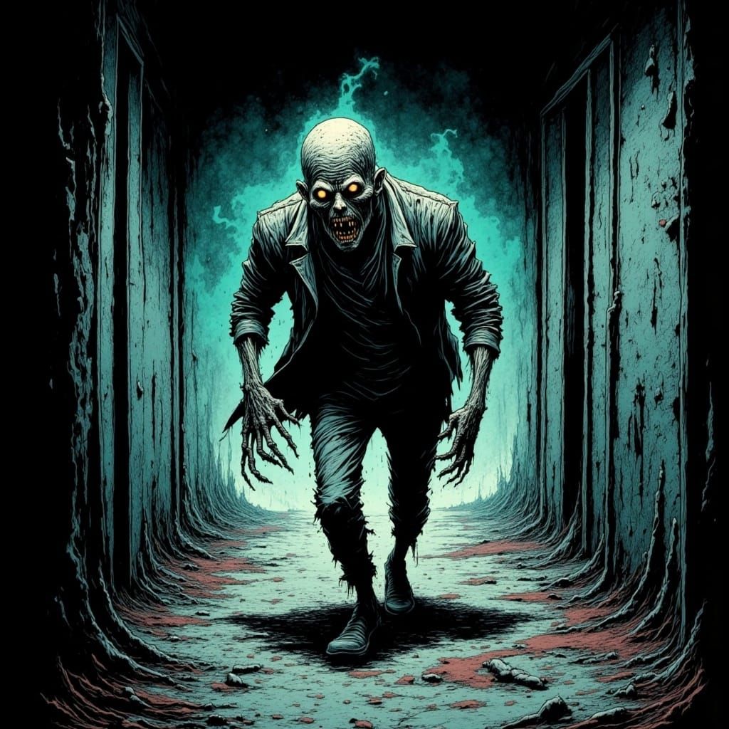 <lora:Creepy-Flux:1.0> zombie man is running down a Creepy corridor  Creepy Scary Horror Terror Graphic novel Comic  