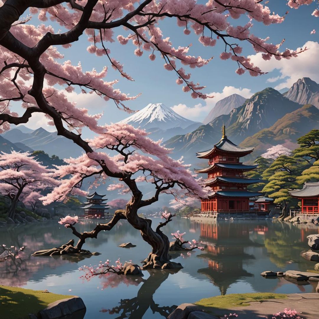 A beautiful ancient sakura tree in front of a lake. Mountains and ...